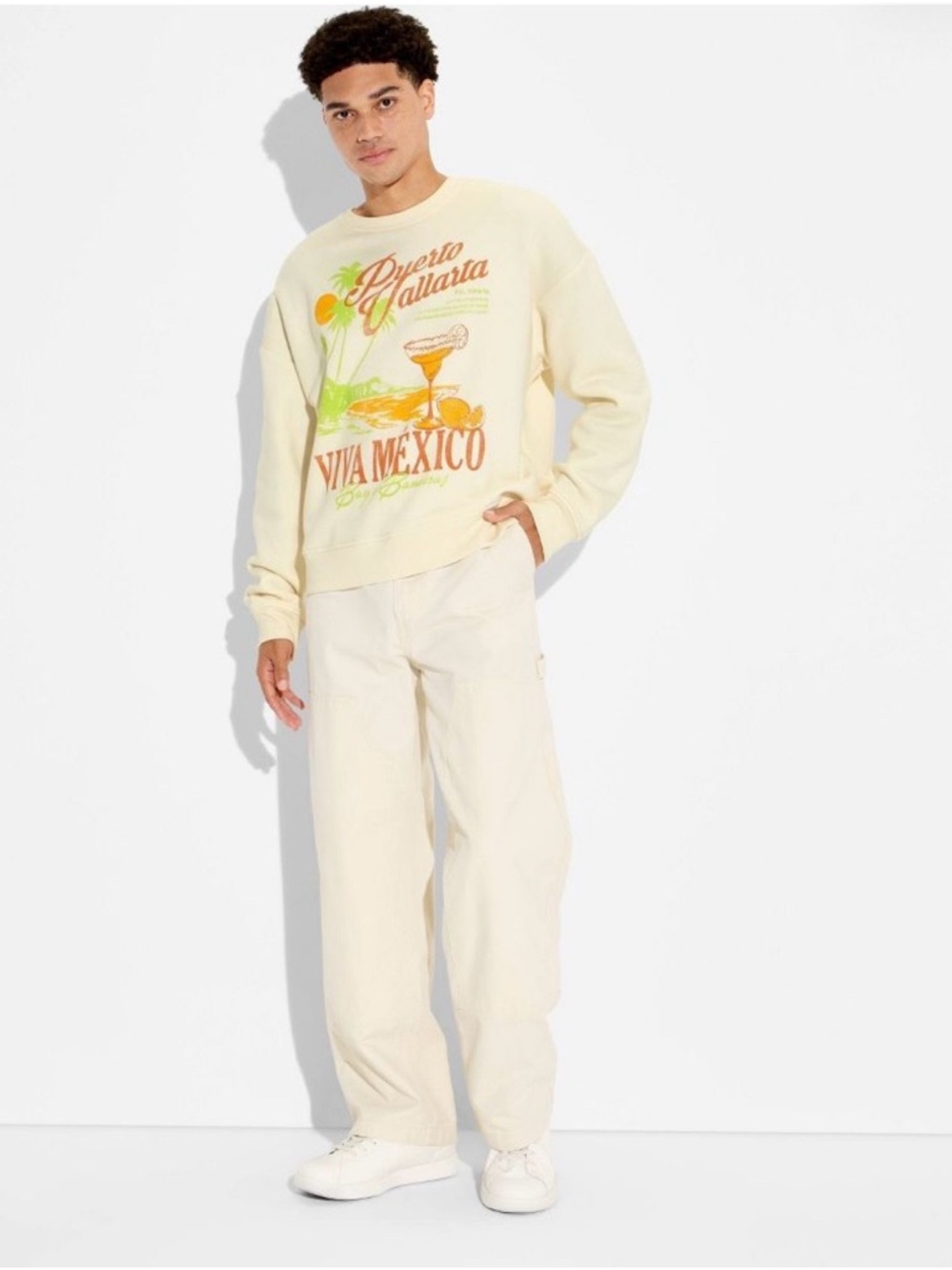 Original Use Cream Crewneck Sweater with Orange & Green Graphic